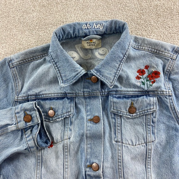 Marine Layer Jackets & Blazers - Marine Layer Denim Jacket Women Large Blue Floral Blue Jean Baby Embroidered